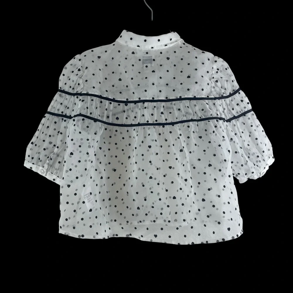 Maeve Polka Dot Heart Sheer Blouse Size Medium White Black Coquette Romantic - Picture 4 of 8